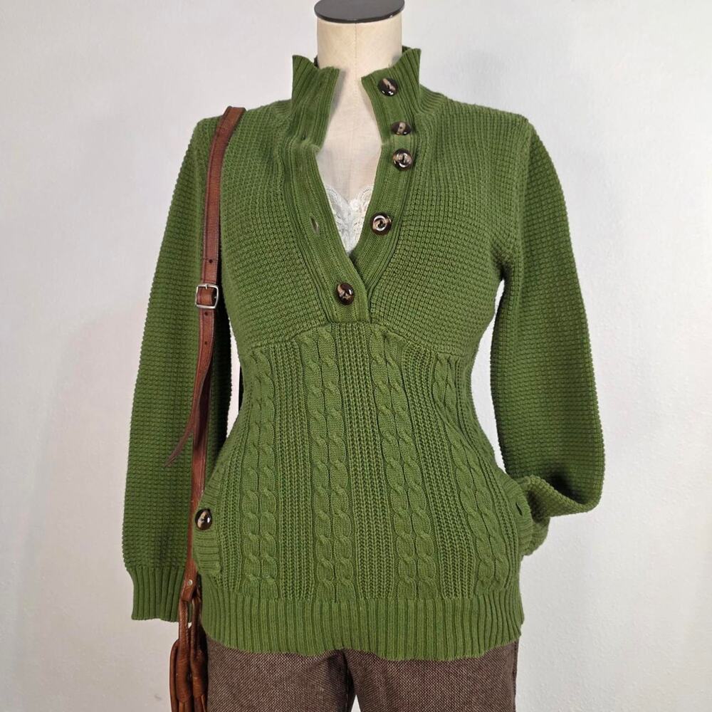 Green Cable Knit Babydoll Sweater Button Mock Neck Cottagecore Size Medium